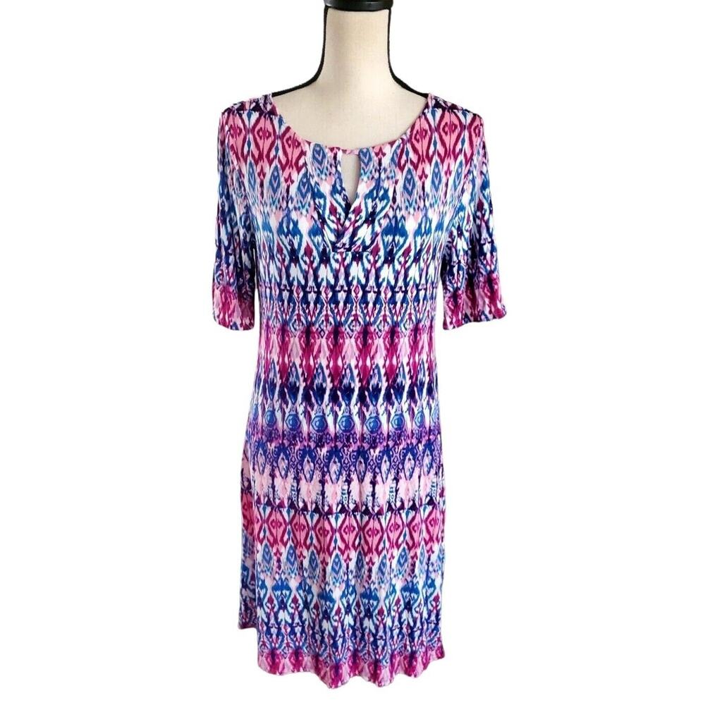 Chico's Pink & Blue Stretch Knit Keyhole Neck A-Line Pullover Dress Sz 0 or S